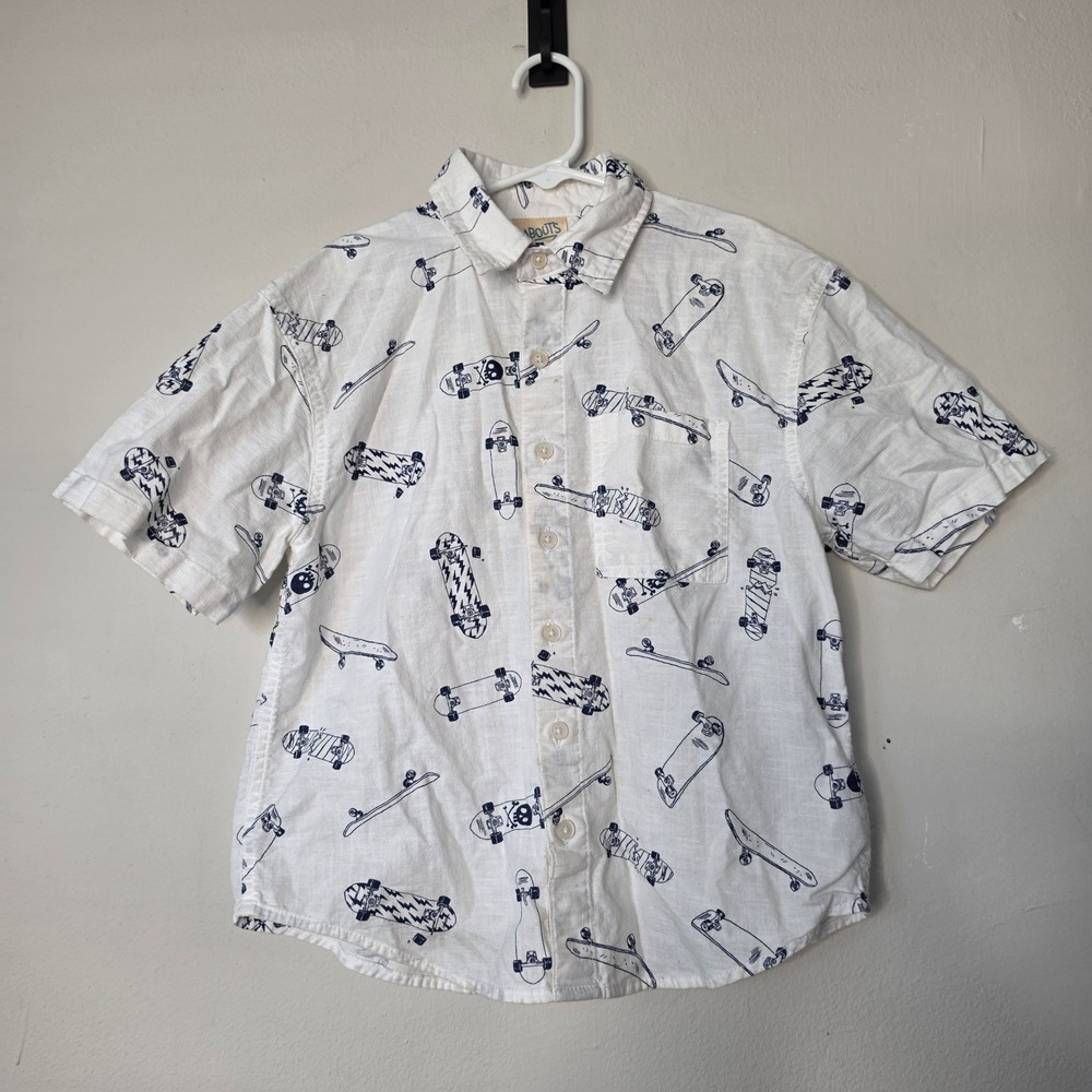 Thereabouts Button Down Shirt Boys 8 White Skateboard Print Short Sleeve Cotton